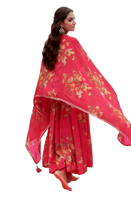 Karaj Jaipur_Pink Muslin, Cotton, Organza Embroidery, Sequins Split Floral Print Anarkali Set_at_Aza_Fashions