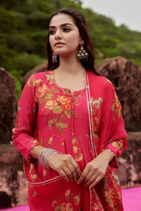 Buy_Karaj Jaipur_Pink Muslin, Cotton, Organza Embroidery, Sequins Split Floral Print Anarkali Set
