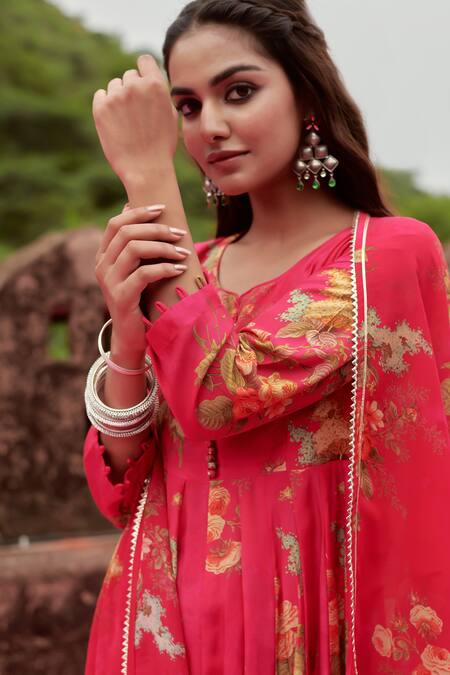 Shop_Karaj Jaipur_Pink Muslin, Cotton, Organza Embroidery, Sequins Split Floral Print Anarkali Set