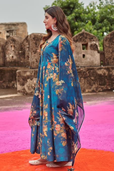 Karaj Jaipur Blue Muslin, Chanderi, Organza Gota Patti, Embroidery Flower Print Anarkali Set at Aza Fashions Karaj Jaipur_Blue Muslin, Chanderi, Organza Gota Patti, Embroidery Flower Print Anarkali Set _at_Aza_Fashions