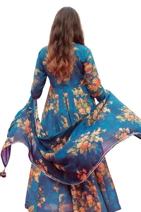 Buy Karaj Jaipur Blue Muslin, Chanderi, Organza Gota Patti, Embroidery Flower Print Anarkali Set Buy_Karaj Jaipur_Blue Muslin, Chanderi, Organza Gota Patti, Embroidery Flower Print Anarkali Set