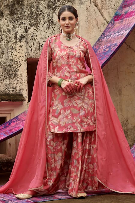 KARAJ JAIPUR Red Kurta And Gharara Muslin Printed Floral Keyhole Set