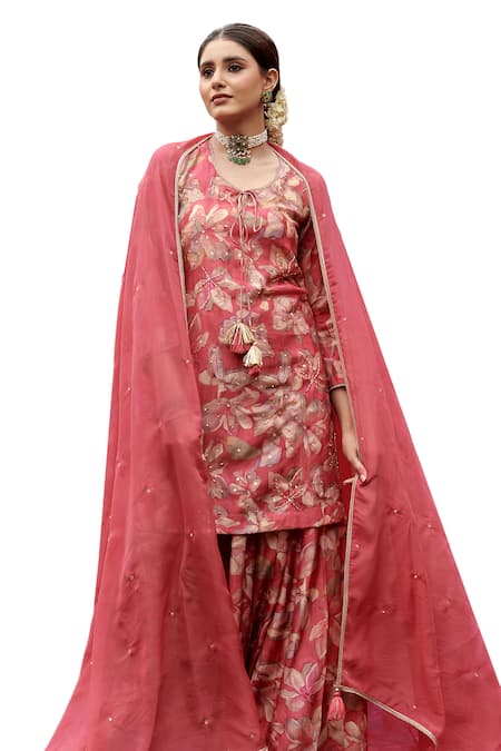Buy Karaj Jaipur Red Muslin, Organza Sequins, Beads Keyhole Neck Floral Print Kurta Gharara Set Online at Aza Fashions Buy_Karaj Jaipur_Red Muslin, Organza Sequins, Beads Keyhole Neck Floral Print Kurta Gharara Set _Online_at_Aza_Fashions