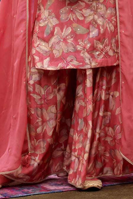 Shop Karaj Jaipur Red Muslin, Organza Sequins, Beads Keyhole Neck Floral Print Kurta Gharara Set Online at Aza Fashions Shop_Karaj Jaipur_Red Muslin, Organza Sequins, Beads Keyhole Neck Floral Print Kurta Gharara Set _Online_at_Aza_Fashions