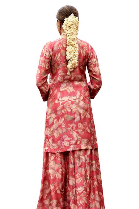 Karaj Jaipur Red Muslin, Organza Sequins, Beads Keyhole Neck Floral Print Kurta Gharara Set at Aza Fashions Karaj Jaipur_Red Muslin, Organza Sequins, Beads Keyhole Neck Floral Print Kurta Gharara Set _at_Aza_Fashions