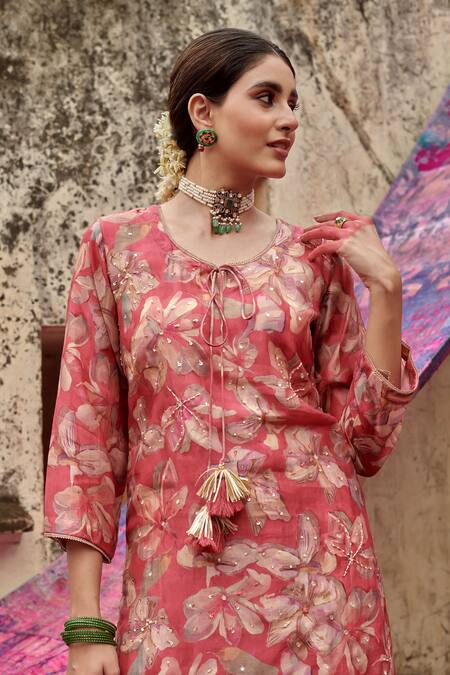 Buy Karaj Jaipur Red Muslin, Organza Sequins, Beads Keyhole Neck Floral Print Kurta Gharara Set Buy_Karaj Jaipur_Red Muslin, Organza Sequins, Beads Keyhole Neck Floral Print Kurta Gharara Set