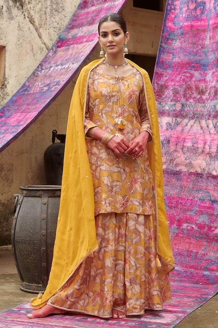 KARAJ JAIPUR Yellow Kurta And Gharara Muslin Printed Botanical Keyhole Set