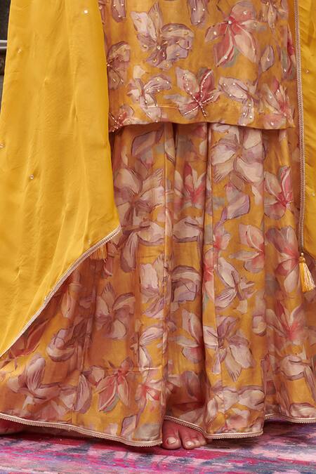 Shop_Karaj Jaipur_Yellow Muslin, Organza Sequins, Beads Keyhole Botanical Print Kurta Gharara Set_Online_at_Aza_Fashions
