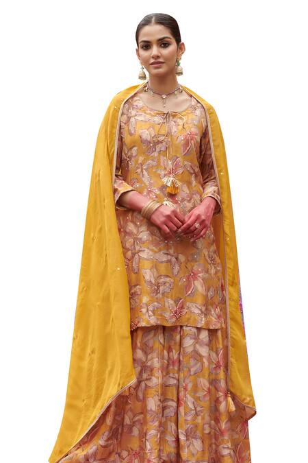 Karaj Jaipur_Yellow Muslin, Organza Sequins, Beads Keyhole Botanical Print Kurta Gharara Set_at_Aza_Fashions