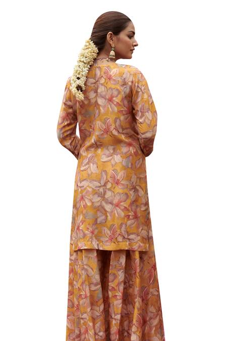 Shop_Karaj Jaipur_Yellow Muslin, Organza Sequins, Beads Keyhole Botanical Print Kurta Gharara Set