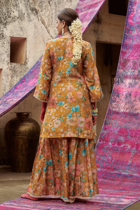 Karaj Jaipur Yellow Muslin, Organza Sequins, Beads Split V-neck Rose Print Kurta Gharara Set Online at Aza Fashions Karaj Jaipur_Yellow Muslin, Organza Sequins, Beads Split V-neck Rose Print Kurta Gharara Set _Online_at_Aza_Fashions