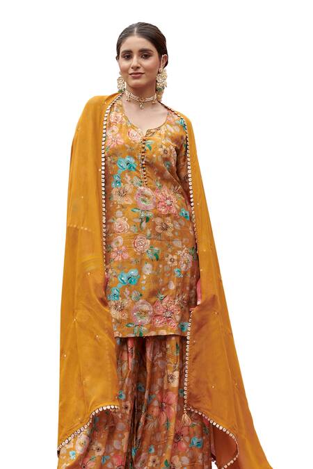 Buy Karaj Jaipur Yellow Muslin, Organza Sequins, Beads Split V-neck Rose Print Kurta Gharara Set Online at Aza Fashions Buy_Karaj Jaipur_Yellow Muslin, Organza Sequins, Beads Split V-neck Rose Print Kurta Gharara Set _Online_at_Aza_Fashions