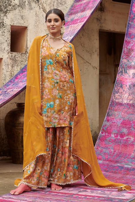 Shop Karaj Jaipur Yellow Muslin, Organza Sequins, Beads Split V-neck Rose Print Kurta Gharara Set Online at Aza Fashions Shop_Karaj Jaipur_Yellow Muslin, Organza Sequins, Beads Split V-neck Rose Print Kurta Gharara Set _Online_at_Aza_Fashions