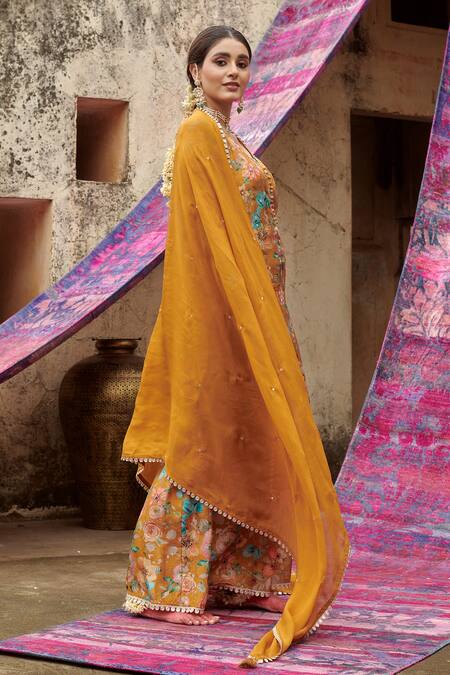 Karaj Jaipur Yellow Muslin, Organza Sequins, Beads Split V-neck Rose Print Kurta Gharara Set at Aza Fashions Karaj Jaipur_Yellow Muslin, Organza Sequins, Beads Split V-neck Rose Print Kurta Gharara Set _at_Aza_Fashions