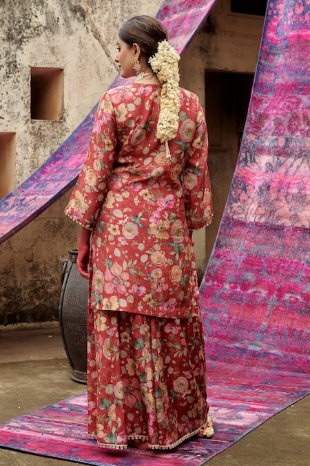 Karaj Jaipur Red Muslin, Organza Tassels, Embroidery, Sequins, Bloom Print Kurta Gharara Set Online at Aza Fashions Karaj Jaipur_Red Muslin, Organza Tassels, Embroidery, Sequins, Bloom Print Kurta Gharara Set _Online_at_Aza_Fashions