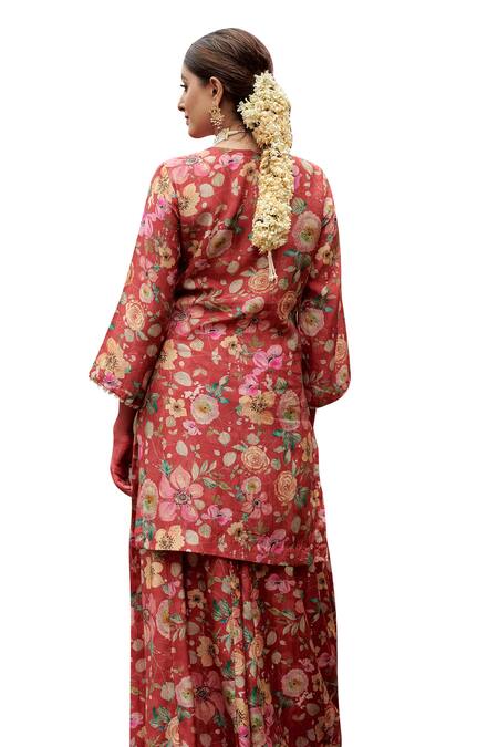 Buy Karaj Jaipur Red Muslin, Organza Tassels, Embroidery, Sequins, Bloom Print Kurta Gharara Set Online at Aza Fashions Buy_Karaj Jaipur_Red Muslin, Organza Tassels, Embroidery, Sequins, Bloom Print Kurta Gharara Set _Online_at_Aza_Fashions