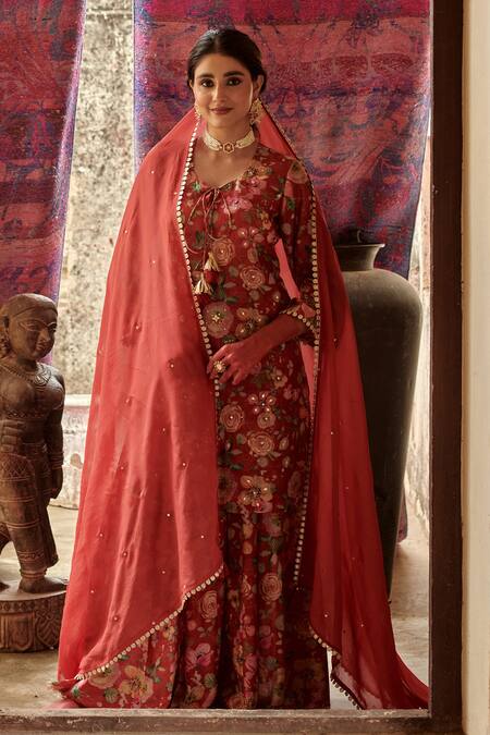 Shop Karaj Jaipur Red Muslin, Organza Tassels, Embroidery, Sequins, Bloom Print Kurta Gharara Set Shop_Karaj Jaipur_Red Muslin, Organza Tassels, Embroidery, Sequins, Bloom Print Kurta Gharara Set