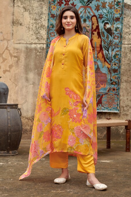 KARAJ JAIPUR Yellow Kurta And Dupatta Organza Printed Botanical Mandarin Collar Set