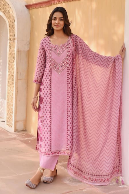 Karaj Jaipur_Purple Linen, Cotton Embroidery, Gota Patti Split V-neck Floral Print Kurta Set _Online_at_Aza_Fashions