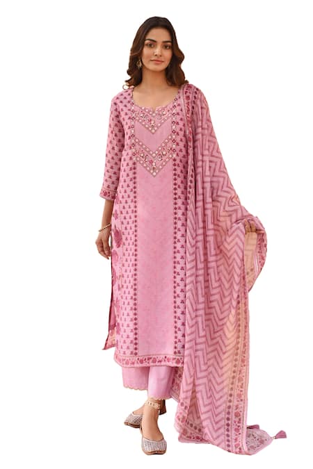 Buy_Karaj Jaipur_Purple Linen, Cotton Embroidery, Gota Patti Split V-neck Floral Print Kurta Set _Online_at_Aza_Fashions