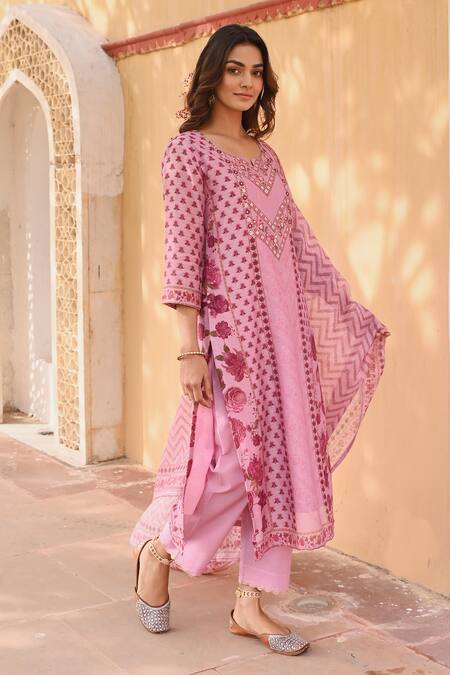 Shop_Karaj Jaipur_Purple Linen, Cotton Embroidery, Gota Patti Split V-neck Floral Print Kurta Set _Online_at_Aza_Fashions