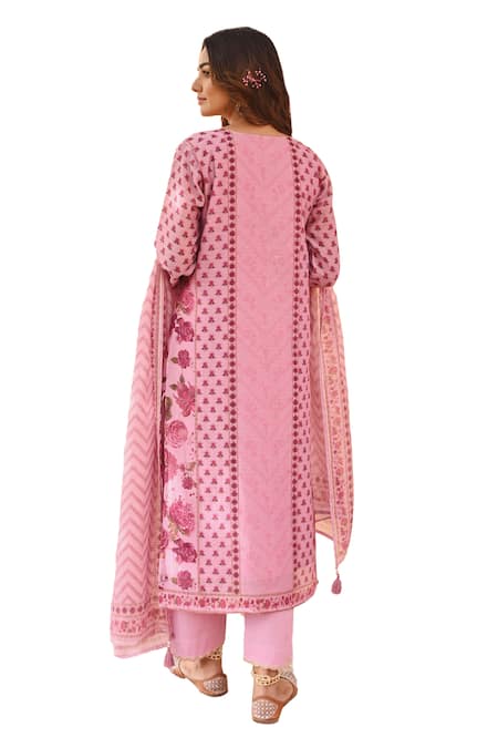 Buy_Karaj Jaipur_Purple Linen, Cotton Embroidery, Gota Patti Split V-neck Floral Print Kurta Set 