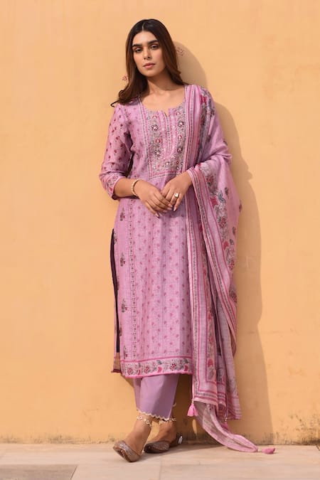 KARAJ JAIPUR Purple Kurta And Dupatta Linen Printed Floral Stripe Notched Set