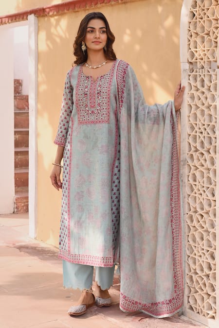 KARAJ JAIPUR Blue Kurta And Dupatta Linen Printed Rose Notched Set