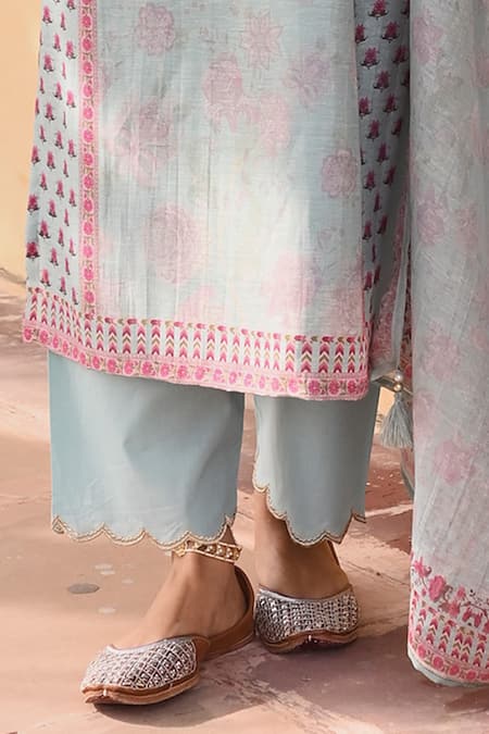 Buy_Karaj Jaipur_Blue Linen, Cotton Gota Patti, Sequins, Zari, Embroidery Split Printed Kurta Set _Online_at_Aza_Fashions