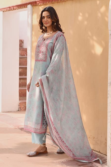 Shop_Karaj Jaipur_Blue Linen, Cotton Gota Patti, Sequins, Zari, Embroidery Split Printed Kurta Set _Online_at_Aza_Fashions