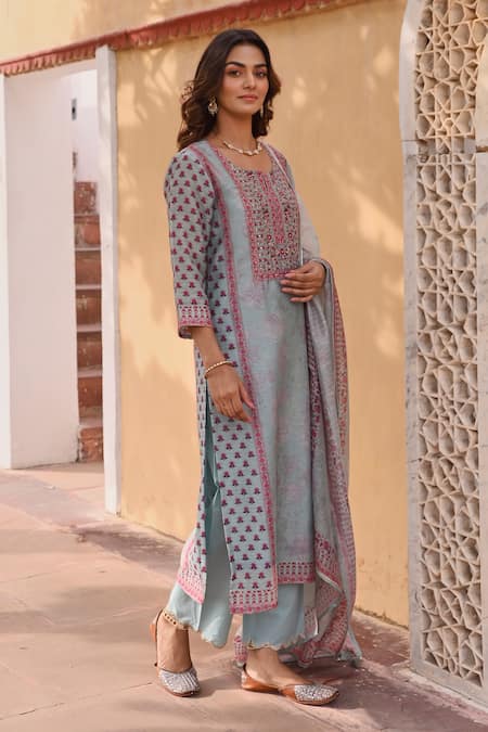 Karaj Jaipur_Blue Linen, Cotton Gota Patti, Sequins, Zari, Embroidery Split Printed Kurta Set _at_Aza_Fashions
