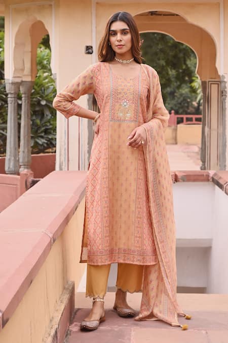 Buy_Karaj Jaipur_Yellow Linen, Cotton Sequins, Zari, Gota Patti Split Paisley Print Kurta Set _Online_at_Aza_Fashions