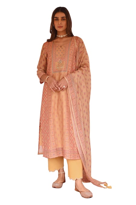 Shop_Karaj Jaipur_Yellow Linen, Cotton Sequins, Zari, Gota Patti Split Paisley Print Kurta Set _Online_at_Aza_Fashions