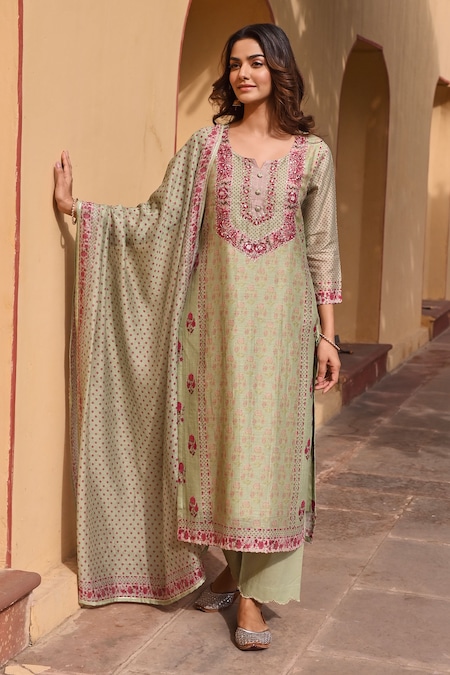 Karaj Jaipur Green Linen, Cotton Sequins, Gota Patti, Zari Split Bouquet Print Kurta Set 