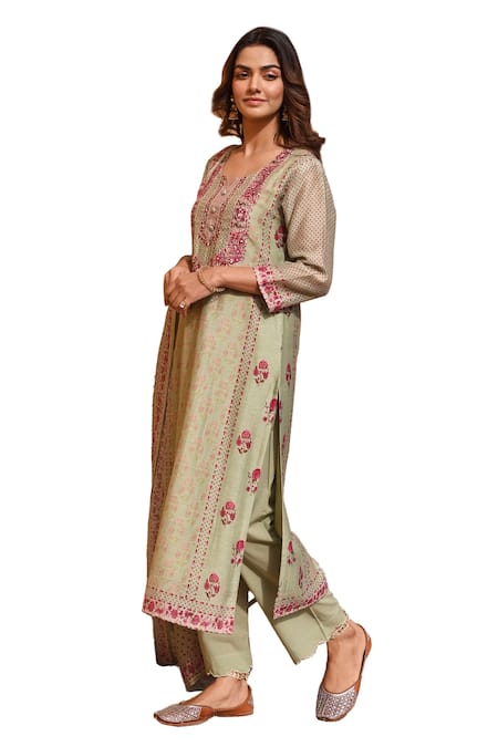 Buy_Karaj Jaipur_Green Linen, Cotton Gota Patti, Sequins, Zari, Bouquet Print Kurta Set _Online_at_Aza_Fashions