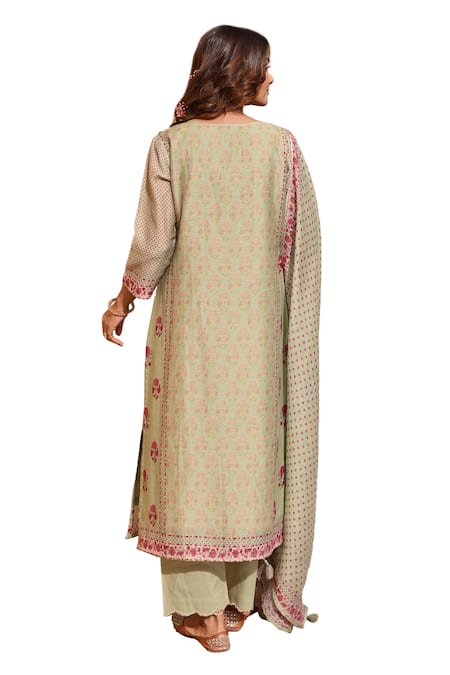 Buy_Karaj Jaipur_Green Linen, Cotton Gota Patti, Sequins, Zari, Bouquet Print Kurta Set 