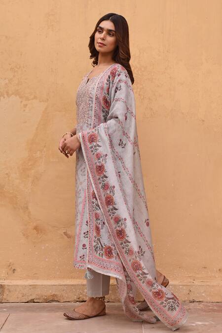 Buy_Karaj Jaipur_Grey Linen, Cotton Embroidery, Sequins, Gota Patti Printed Straight Kurta Set _Online_at_Aza_Fashions