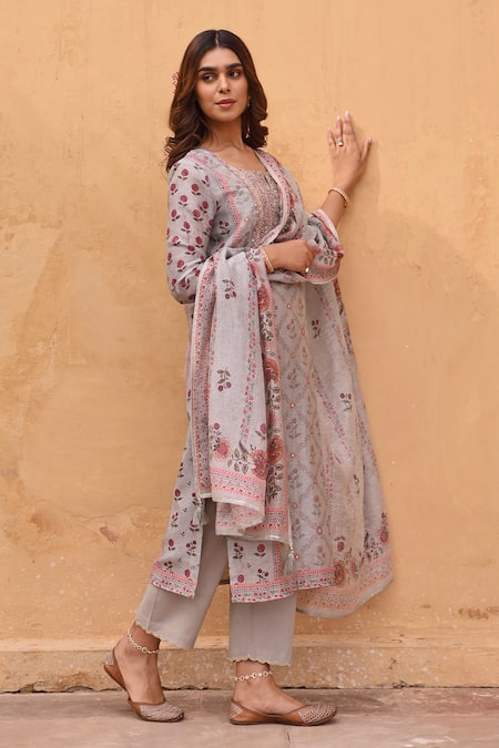 Shop_Karaj Jaipur_Grey Linen, Cotton Embroidery, Sequins, Gota Patti Printed Straight Kurta Set _Online_at_Aza_Fashions