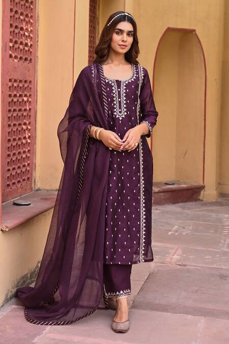 KARAJ JAIPUR Purple Kurta Chanderi Embroidery Gota Patti Round Neck Pant Set