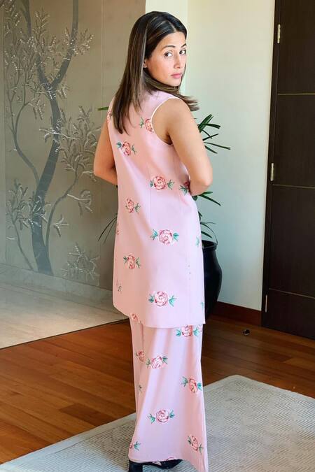 Pasha India_Pink Polycrepe Floral Notched Lapel Collar Rose Quartz Print Jacket And Pant Set _Online_at_Aza_Fashions