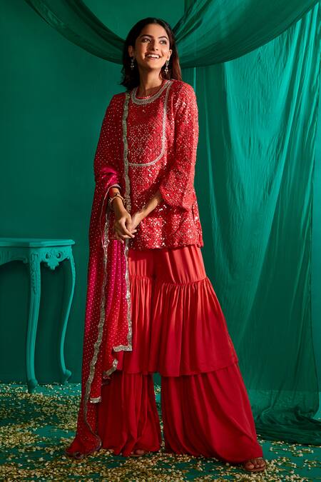 Buy_Mustard Moon By Neyha And Vrinda_Fuchsia Georgette, Satin Sequins, Embroidery, Mirrors Round Kurta Sharara Set _Online_at_Aza_Fashions