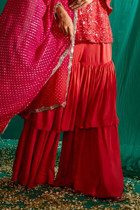 Shop_Mustard Moon By Neyha And Vrinda_Fuchsia Georgette, Satin Sequins, Embroidery, Mirrors Round Kurta Sharara Set _Online_at_Aza_Fashions