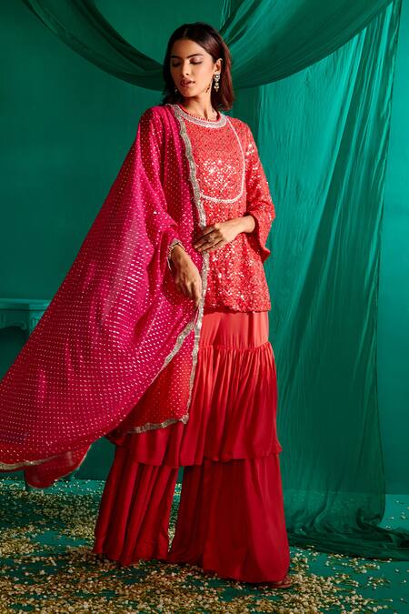 Mustard Moon By Neyha And Vrinda_Fuchsia Georgette, Satin Sequins, Embroidery, Mirrors Round Kurta Sharara Set _at_Aza_Fashions