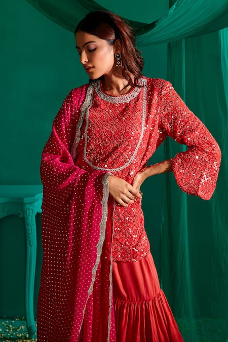 Buy_Mustard Moon By Neyha And Vrinda_Fuchsia Georgette, Satin Sequins, Embroidery, Mirrors Round Kurta Sharara Set 