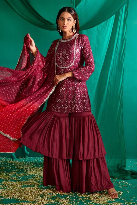 Mustard Moon By Neyha And Vrinda_Purple Georgette, Satin Sequins, Embroidery Round Neck Short Kurta Sharara Set _Online_at_Aza_Fashions