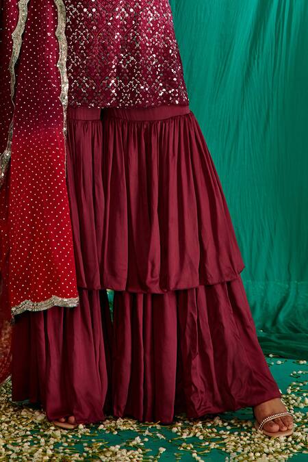 Buy_Mustard Moon By Neyha And Vrinda_Purple Georgette, Satin Sequins, Embroidery Round Neck Short Kurta Sharara Set _Online_at_Aza_Fashions