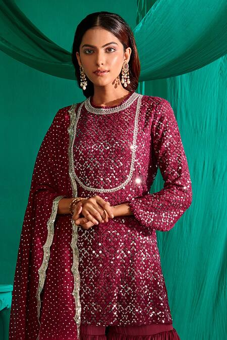 Shop_Mustard Moon By Neyha And Vrinda_Purple Georgette, Satin Sequins, Embroidery Round Neck Short Kurta Sharara Set _Online_at_Aza_Fashions