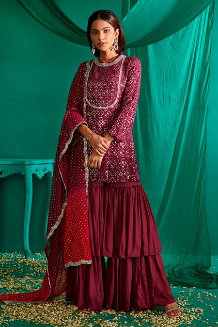 Mustard Moon By Neyha And Vrinda_Purple Georgette, Satin Sequins, Embroidery Round Neck Short Kurta Sharara Set _at_Aza_Fashions