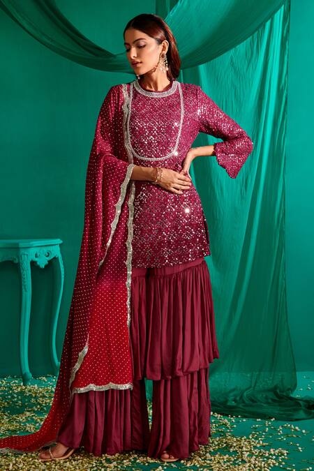 Buy_Mustard Moon By Neyha And Vrinda_Purple Georgette, Satin Sequins, Embroidery Round Neck Short Kurta Sharara Set 