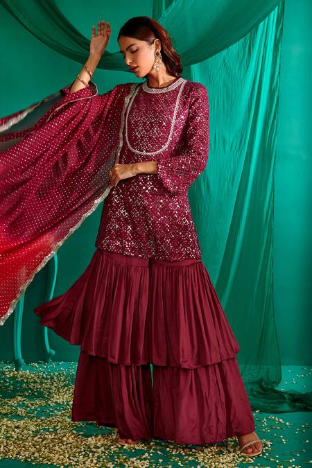 Shop_Mustard Moon By Neyha And Vrinda_Purple Georgette, Satin Sequins, Embroidery Round Neck Short Kurta Sharara Set 